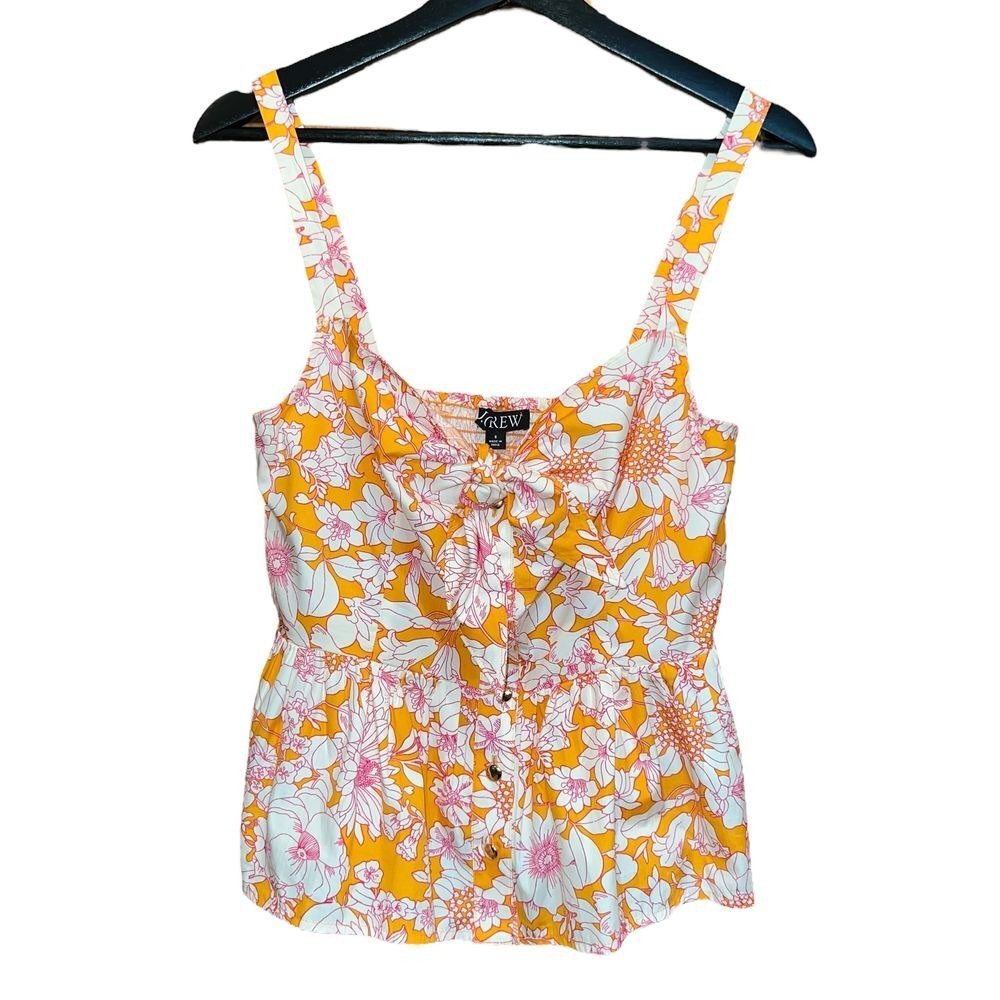 J.Crew Babydoll Crop Top Womens 8 Orange White Floral Button Front 100% Cotton